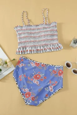 Discount Dear-Lover Printed Smocked High waisted swimsuits White