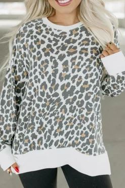 New Dear-Lover Solid Trim Leopard Print Top White Printed