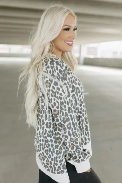 New Dear-Lover Solid Trim Leopard Print Top White Printed