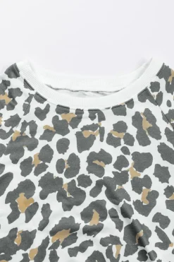 New Dear-Lover Solid Trim Leopard Print Top White Printed