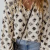 New Dear-Lover Printed Split Neck Bubble Sleeve Loose Blouse White