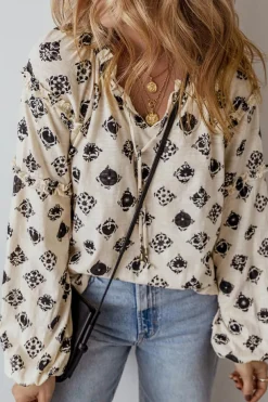 New Dear-Lover Printed Split Neck Bubble Sleeve Loose Blouse White