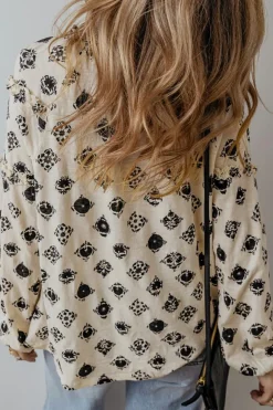 New Dear-Lover Printed Split Neck Bubble Sleeve Loose Blouse White