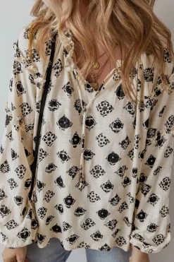 New Dear-Lover Printed Split Neck Bubble Sleeve Loose Blouse White