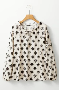 New Dear-Lover Printed Split Neck Bubble Sleeve Loose Blouse White