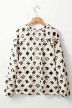New Dear-Lover Printed Split Neck Bubble Sleeve Loose Blouse White