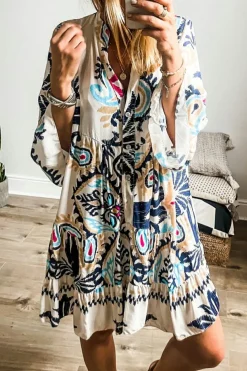 Best Dear-Lover Tribal Bracelet Sleeve Buttoned Mini Dress White Printed
