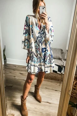 Best Dear-Lover Tribal Bracelet Sleeve Buttoned Mini Dress White Printed
