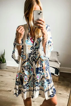 Best Dear-Lover Tribal Bracelet Sleeve Buttoned Mini Dress White Printed