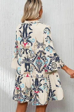 Best Dear-Lover Tribal Bracelet Sleeve Buttoned Mini Dress White Printed