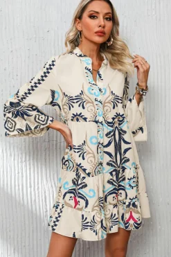 Best Dear-Lover Tribal Bracelet Sleeve Buttoned Mini Dress White Printed