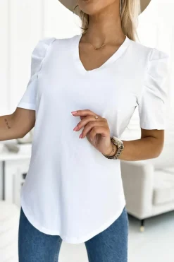 Outlet Dear-Lover Puff Sleeve V-Neck T-Shirt White