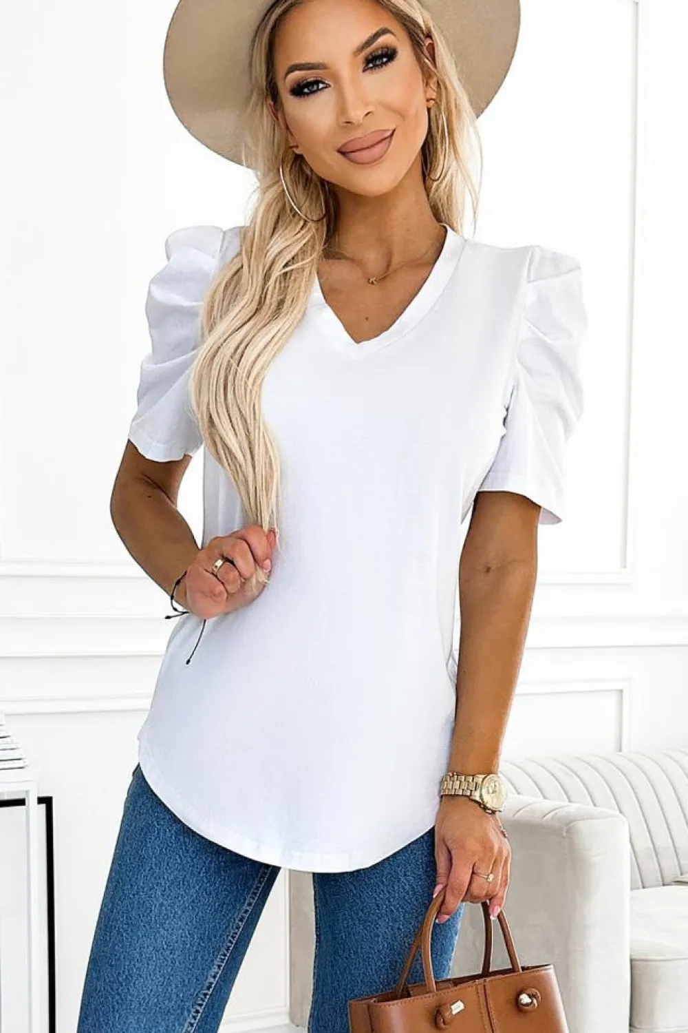 Outlet Dear-Lover Puff Sleeve V-Neck T-Shirt White