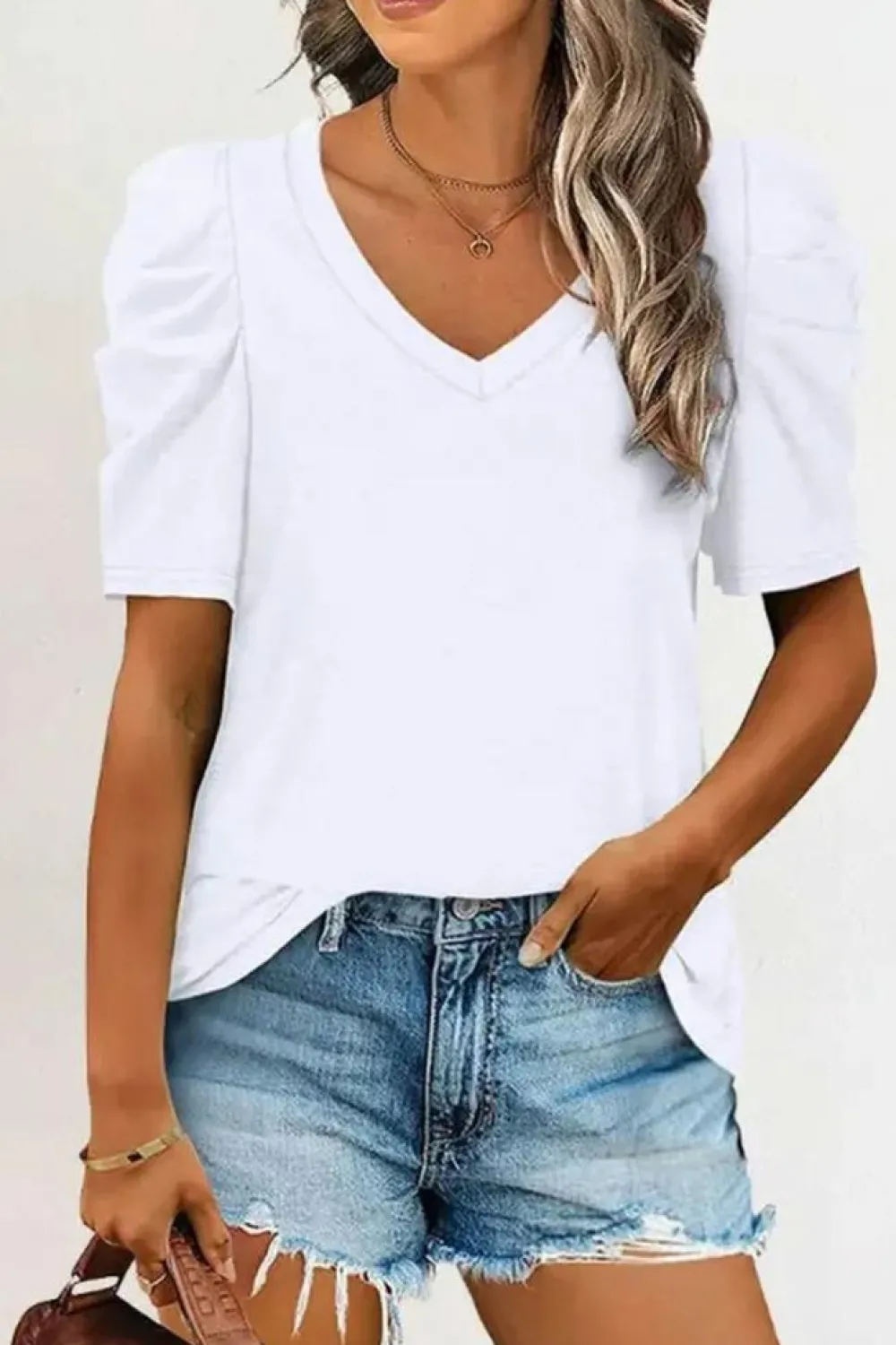 Outlet Dear-Lover Puff Sleeve V-Neck T-Shirt White