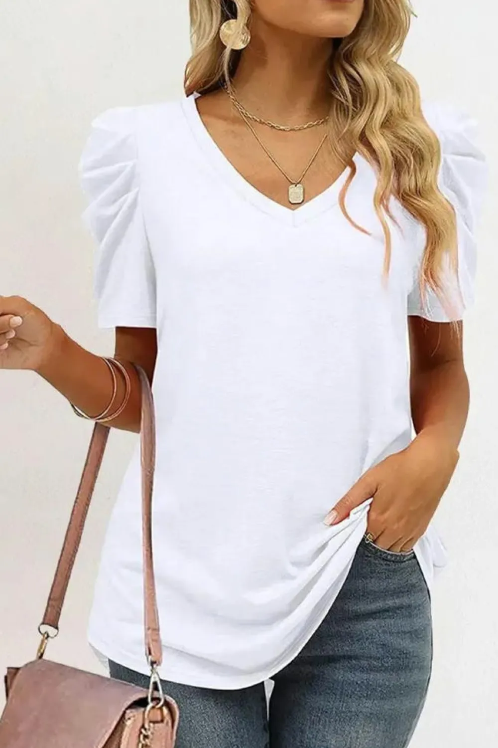 Outlet Dear-Lover Puff Sleeve V-Neck T-Shirt White