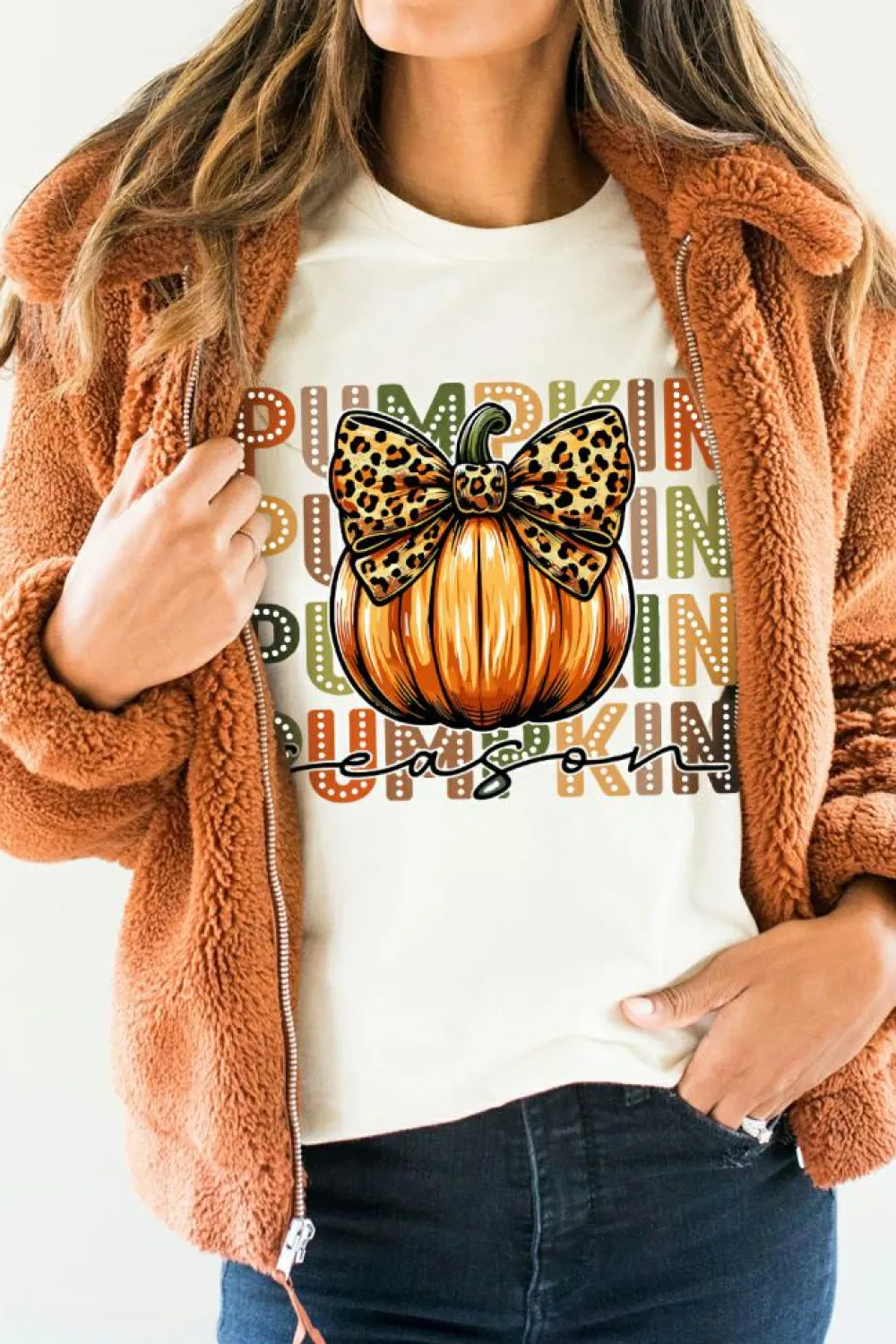 Outlet Dear-Lover PUMPKIN Season Leopard Bow Print Crew Neck T Shirt White