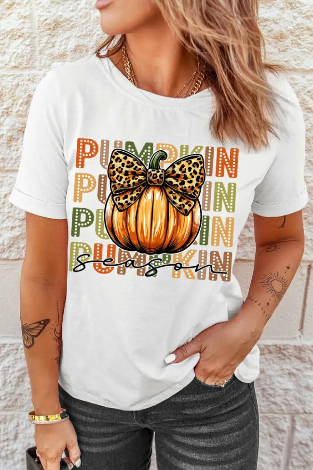 Outlet Dear-Lover PUMPKIN Season Leopard Bow Print Crew Neck T Shirt White