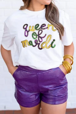 Clearance Dear-Lover queen of mardi Sequin Letter Graphic T Shirt White