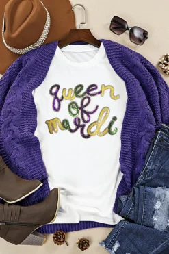 Clearance Dear-Lover queen of mardi Sequin Letter Graphic T Shirt White