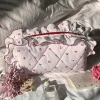 Hot Dear-Lover Quilted Cherry Printed Ruffled Zipper Makeup Bag White