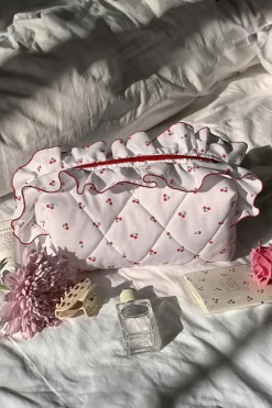 Hot Dear-Lover Quilted Cherry Printed Ruffled Zipper Makeup Bag White