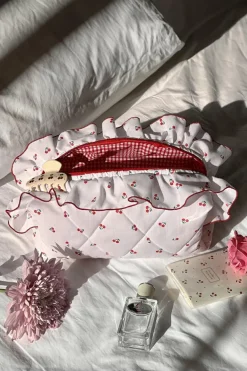 Hot Dear-Lover Quilted Cherry Printed Ruffled Zipper Makeup Bag White