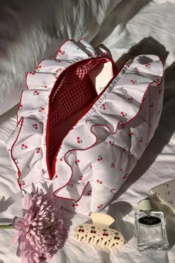 Hot Dear-Lover Quilted Cherry Printed Ruffled Zipper Makeup Bag White