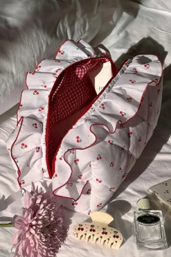 Hot Dear-Lover Quilted Cherry Printed Ruffled Zipper Makeup Bag White