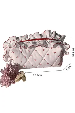 Hot Dear-Lover Quilted Cherry Printed Ruffled Zipper Makeup Bag White