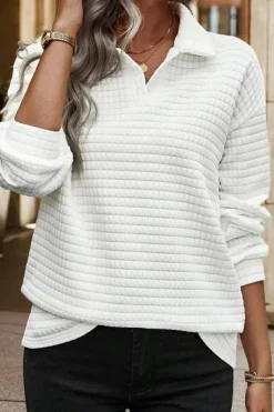 Best Dear-Lover Quilted Texture Sporty Collared Long Sleeve Top White