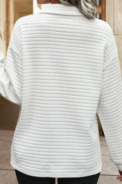 Best Dear-Lover Quilted Texture Sporty Collared Long Sleeve Top White