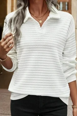 Best Dear-Lover Quilted Texture Sporty Collared Long Sleeve Top White