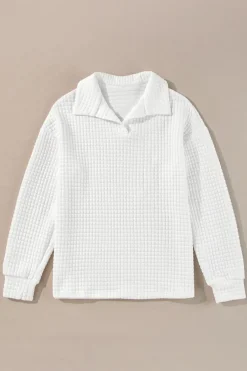 Best Dear-Lover Quilted Texture Sporty Collared Long Sleeve Top White
