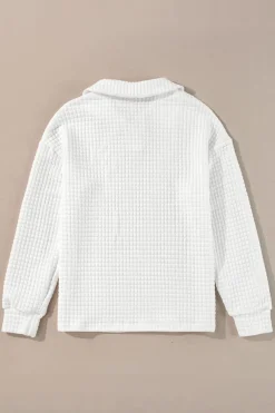 Best Dear-Lover Quilted Texture Sporty Collared Long Sleeve Top White