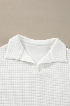 Best Dear-Lover Quilted Texture Sporty Collared Long Sleeve Top White