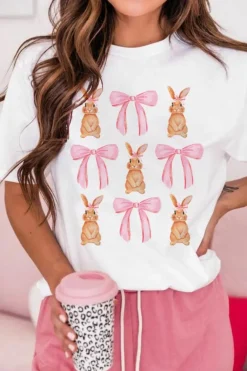 Clearance Dear-Lover Rabbit Bow Knot Print Crew Neck T Shirt White
