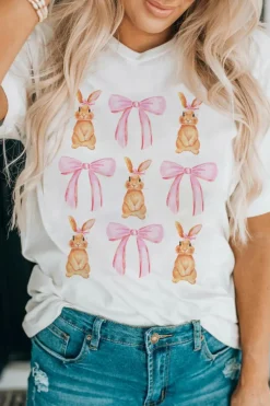 Clearance Dear-Lover Rabbit Bow Knot Print Crew Neck T Shirt White