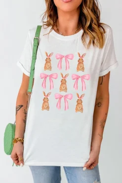 Clearance Dear-Lover Rabbit Bow Knot Print Crew Neck T Shirt White