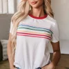 Hot Dear-Lover Rainbow Stripe Print Contrast Crewneck T Shirt White