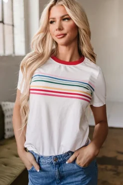 Hot Dear-Lover Rainbow Stripe Print Contrast Crewneck T Shirt White