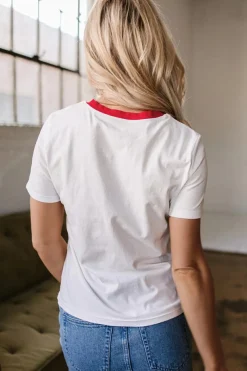 Hot Dear-Lover Rainbow Stripe Print Contrast Crewneck T Shirt White