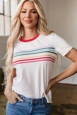 Hot Dear-Lover Rainbow Stripe Print Contrast Crewneck T Shirt White