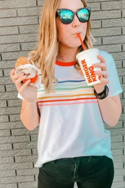 Hot Dear-Lover Rainbow Stripe Print Contrast Crewneck T Shirt White