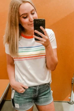 Hot Dear-Lover Rainbow Stripe Print Contrast Crewneck T Shirt White