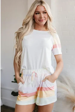 New Dear-Lover Rainbow Striped T Shirt and Shorts Set White