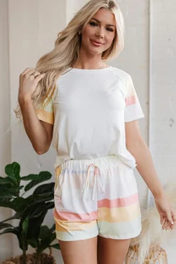 New Dear-Lover Rainbow Striped T Shirt and Shorts Set White