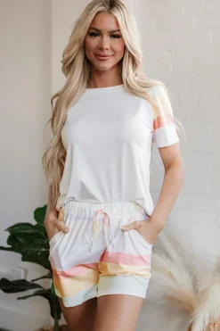 New Dear-Lover Rainbow Striped T Shirt and Shorts Set White