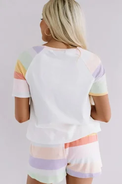 New Dear-Lover Rainbow Striped T Shirt and Shorts Set White