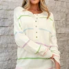 Sale Dear-Lover Rainbow Stripes Drop Shoulder Baggy Henley Sweater White