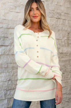 Sale Dear-Lover Rainbow Stripes Drop Shoulder Baggy Henley Sweater White